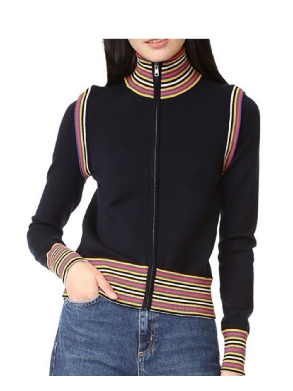 Tory Burch Black Zip Front Knit Jacket with Multicolor Striped Trim